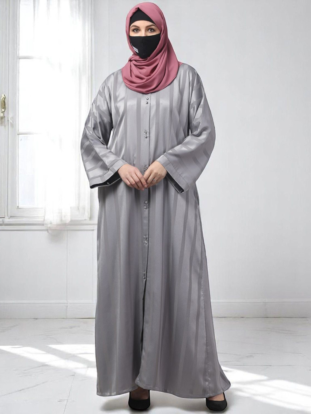 BASHARIYA Stripes & Effortless Grace Front Open Abaya Burqas