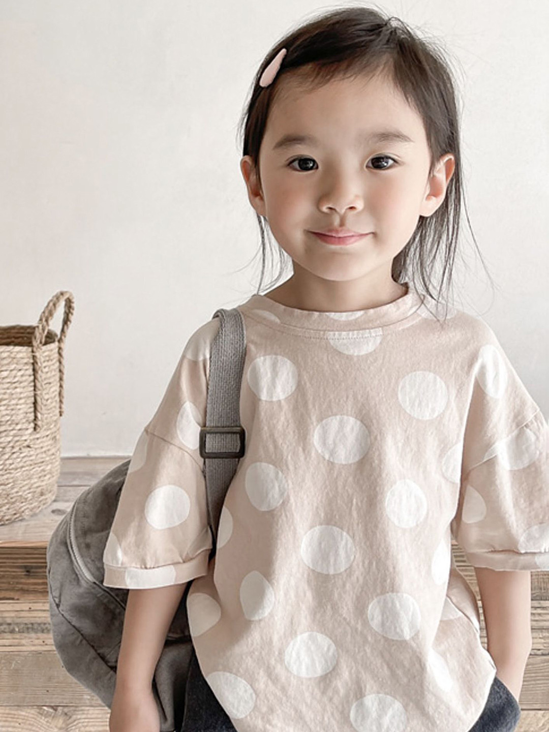 LULU & SKY Girls Polka Dots Printed Drop-Shoulder Sleeves T-shirt