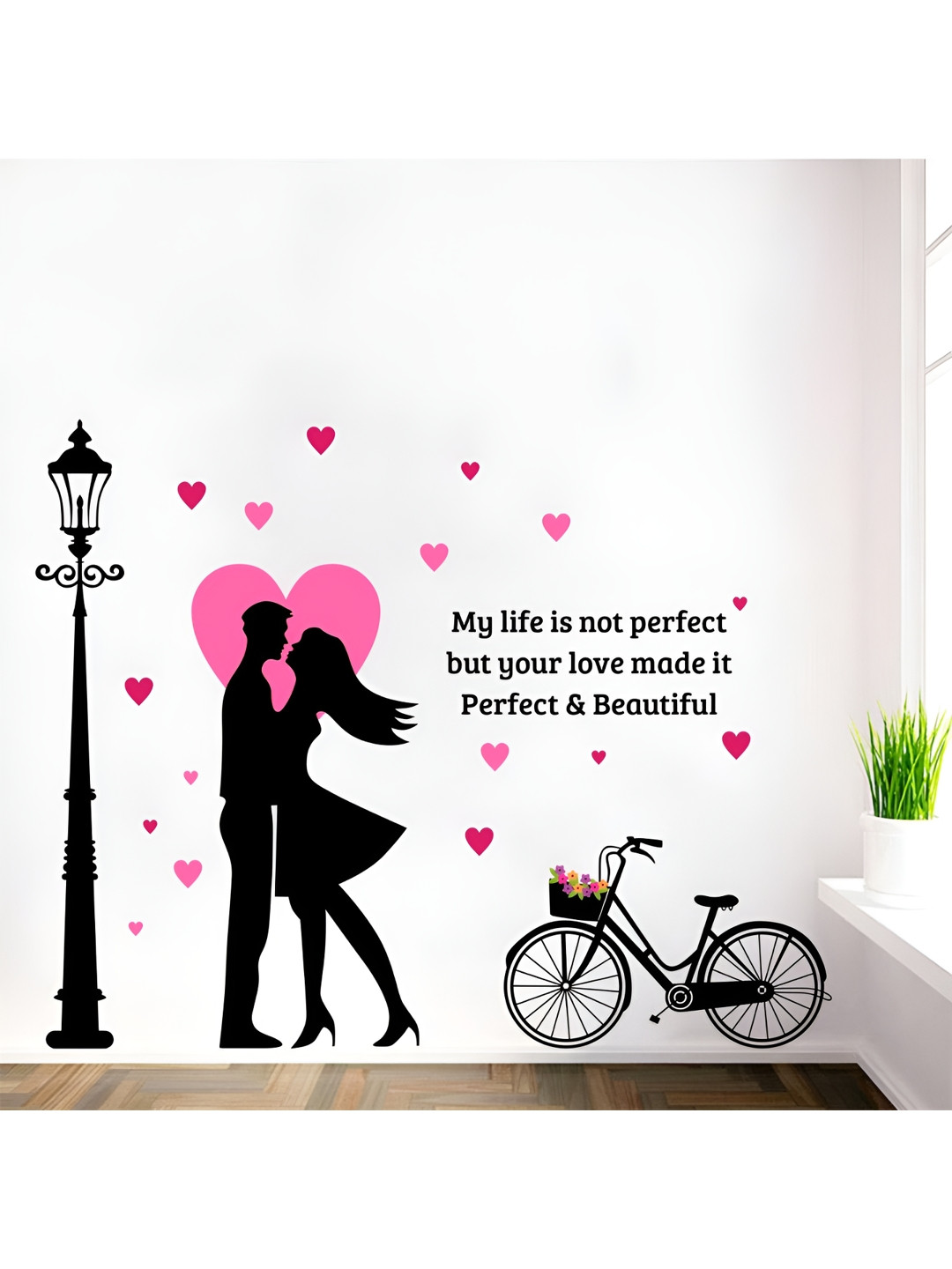 Aura Grey & Pink Street Lamp & Cycle Self Printed Self-Adhesive & Durable Wall Sticker