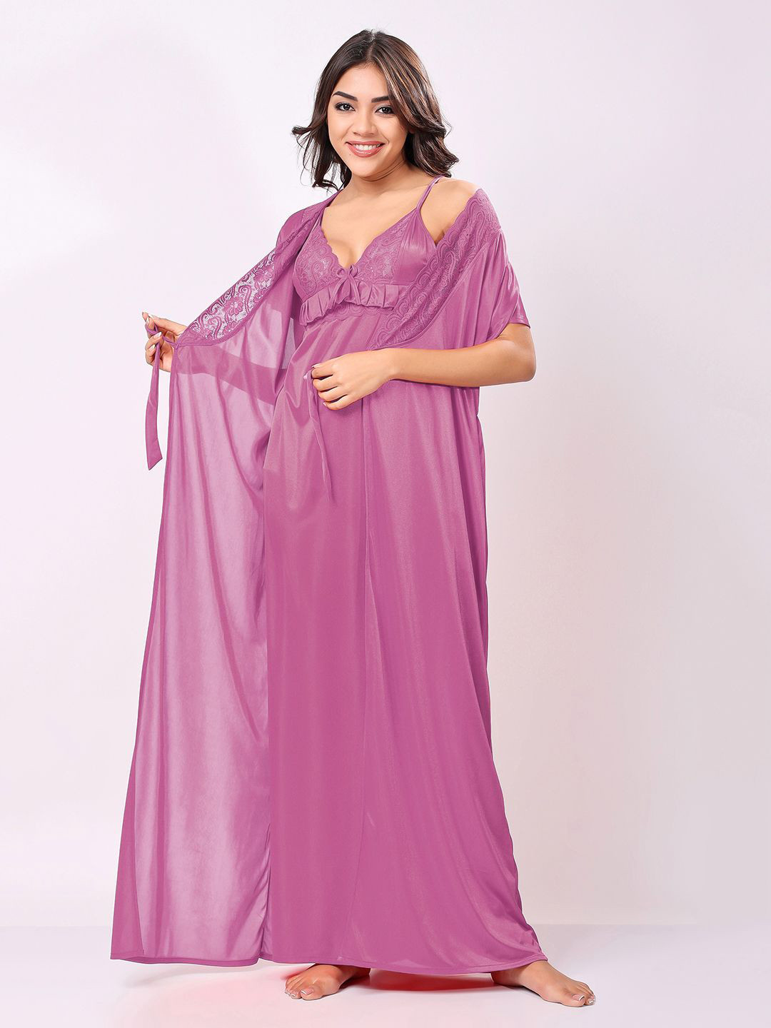 Night Keys Women Onion Soild Satin Night Dress With Robe