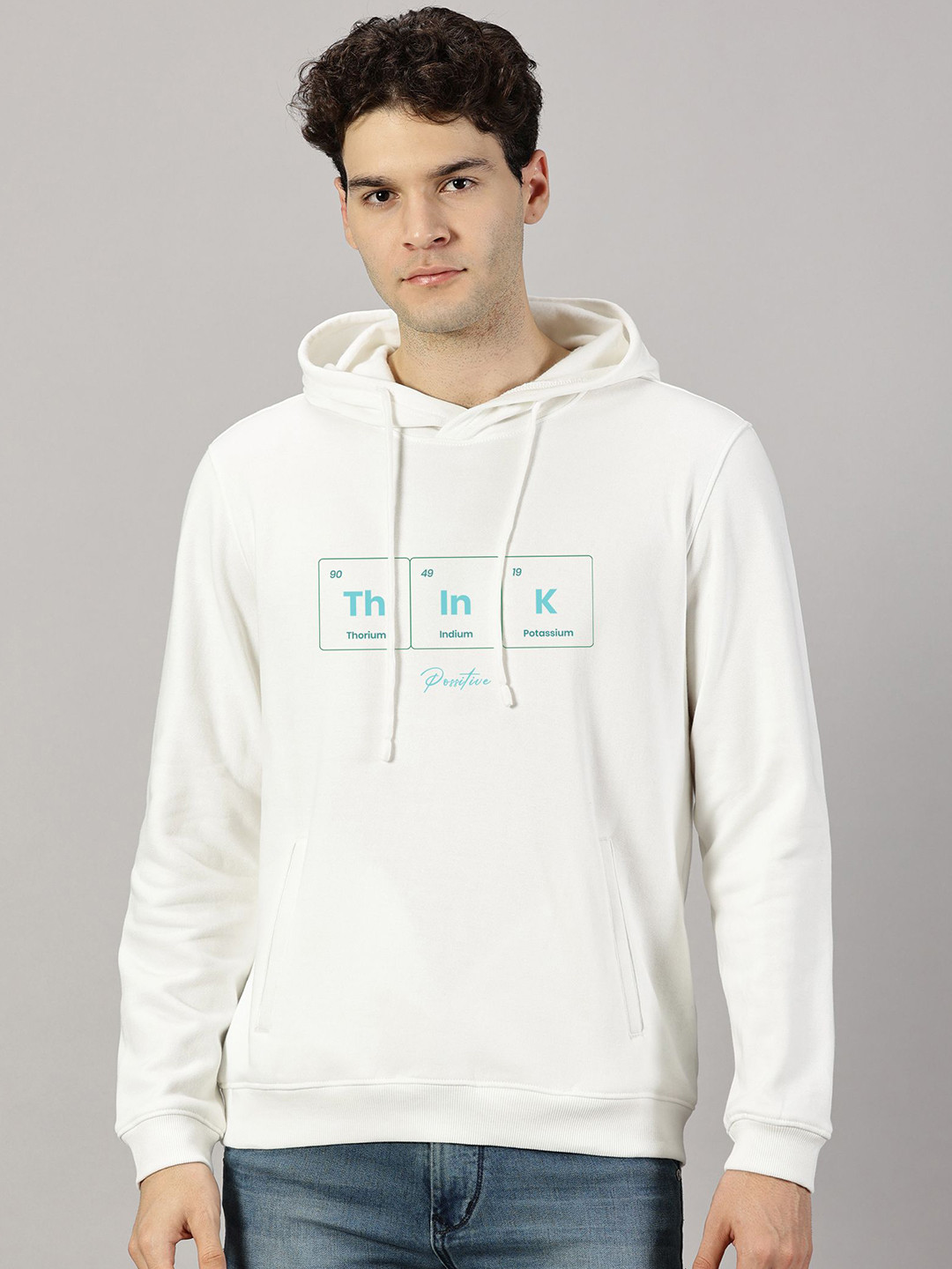 LEON Men Think Positive Printed Hooded Sweatshirt