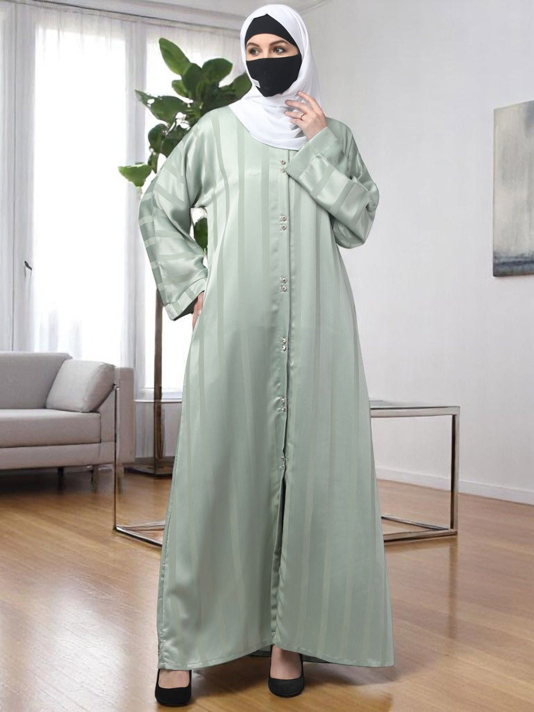 BASHARIYA Textured Striped Front Open Abaya