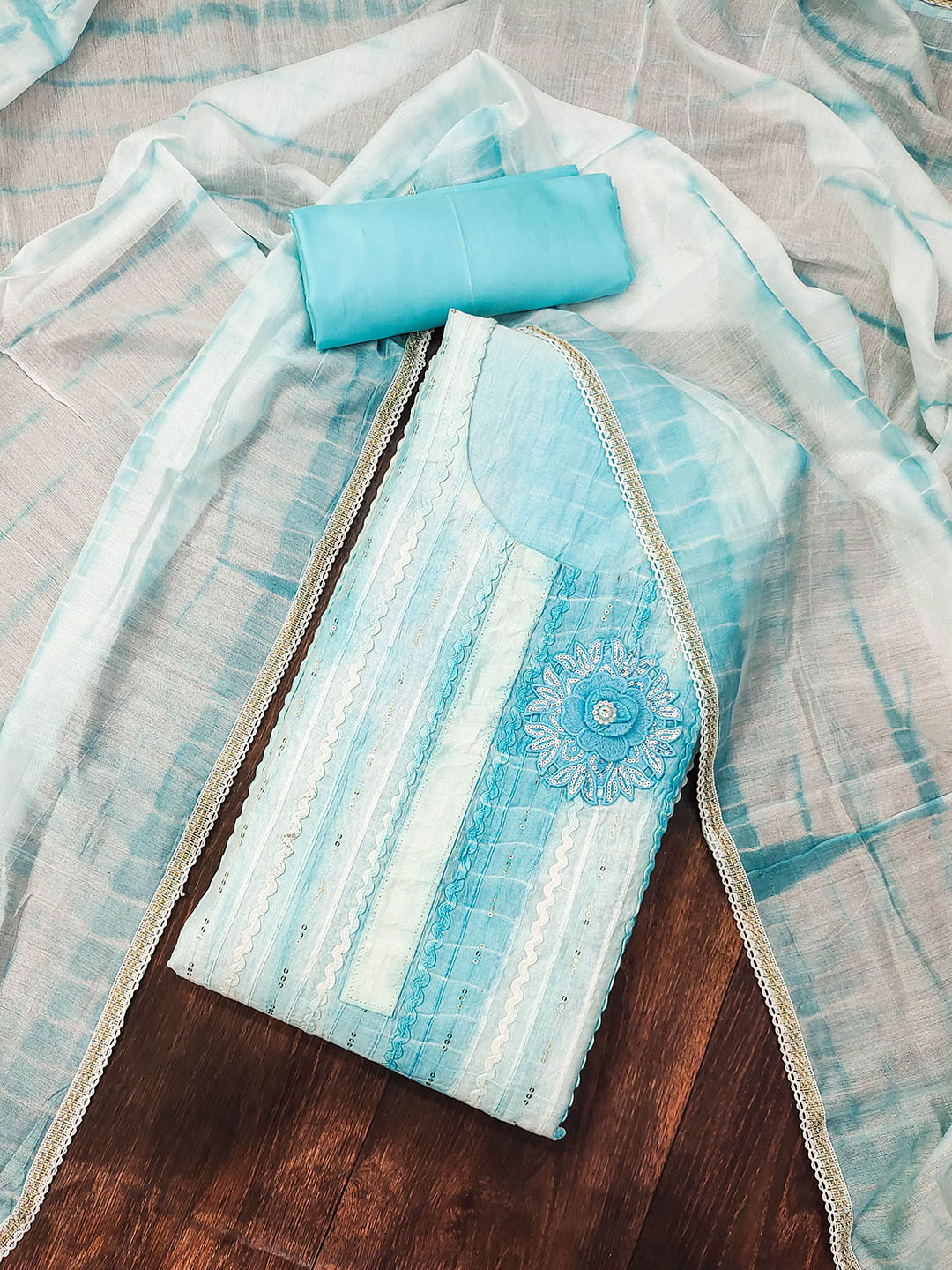 DIVASTRI Striped Unstitched Sequinned Chanderi Cotton Dress Material