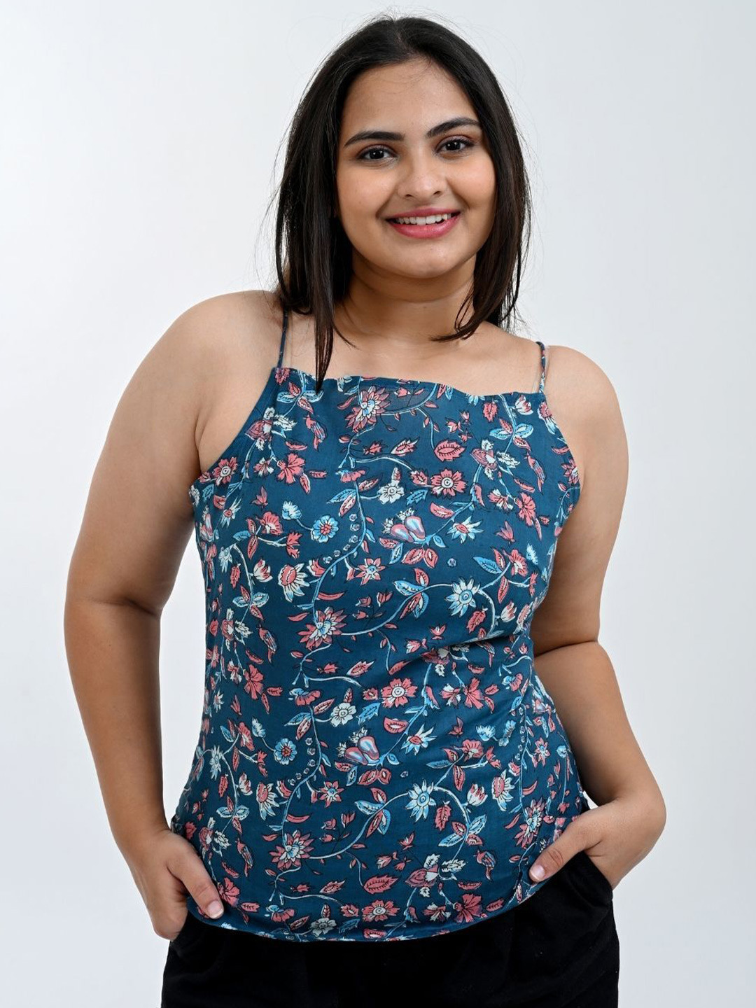 30 Looks Women Blue Floral Cotton Printed Strap Top