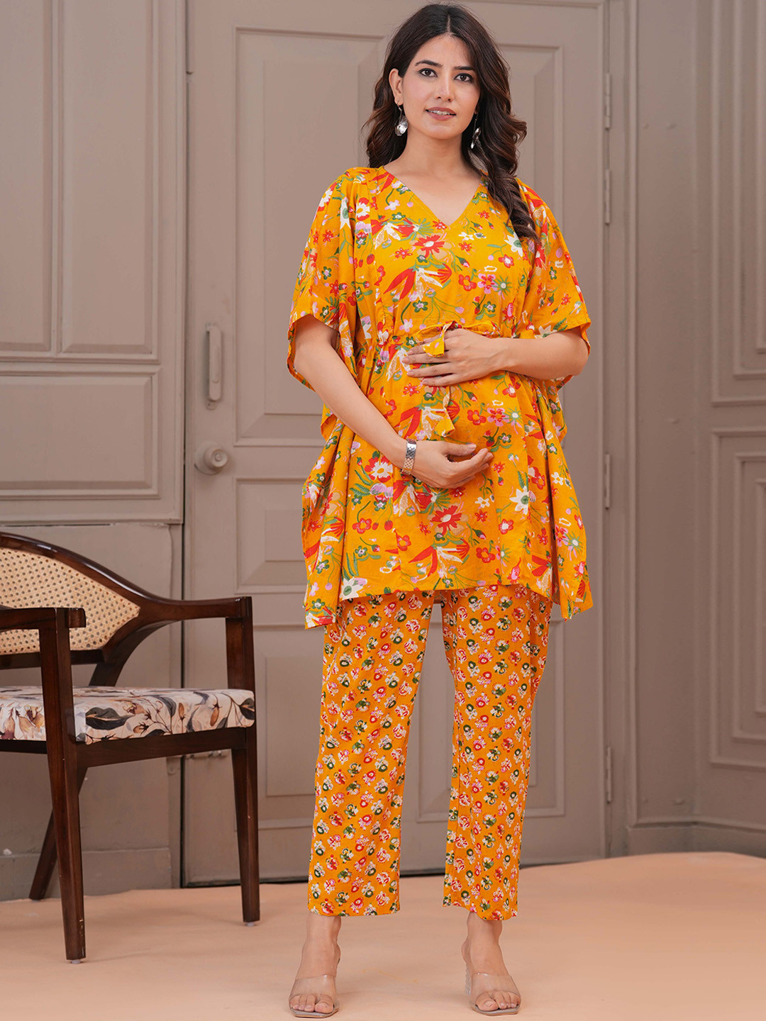 CELEBRAVO Floral Printed V-Neck Pure Cotton A-Line Maternity Kaftan With Trouser