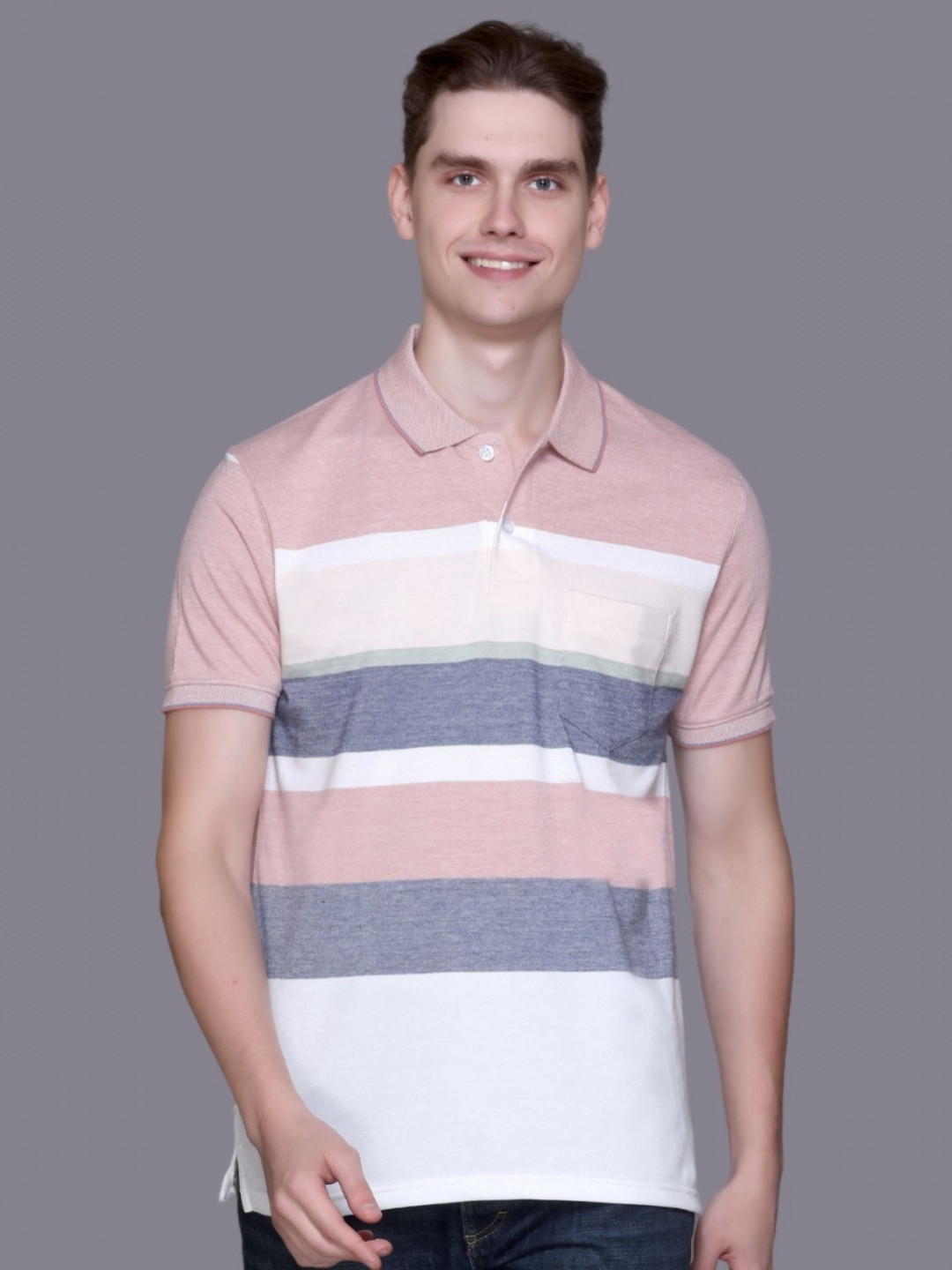 SANE ORIGINALS Striped Polo Collar Multi or Variegate Stripes Regular Fit T-Shirt