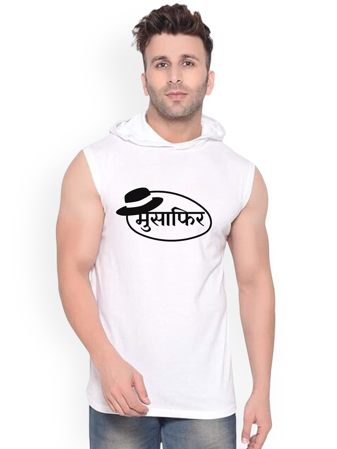 Fashnobic Musafir Printed Hooded Gym Vest - K__Print-184_gym_vest White M
