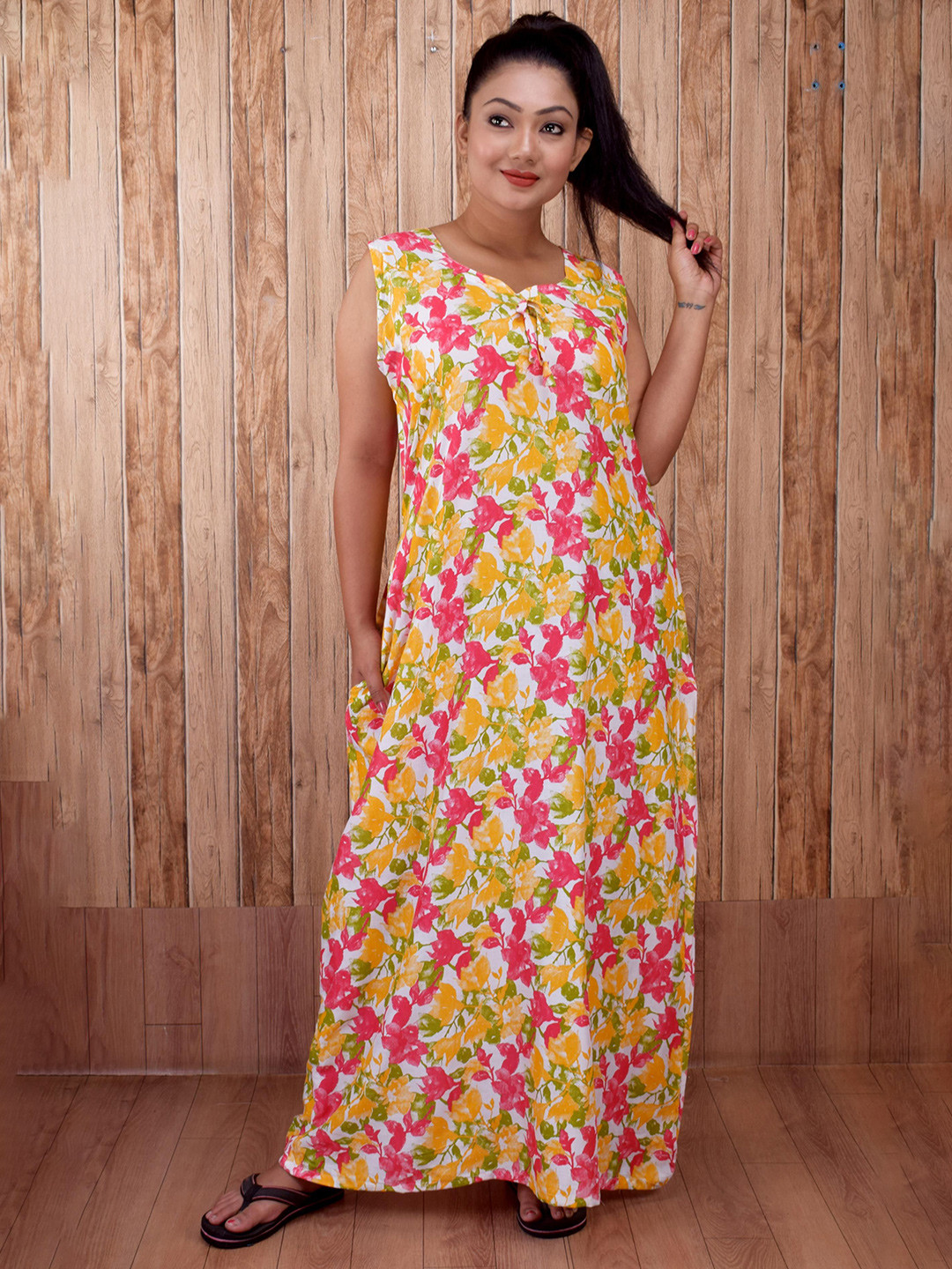 CLYMAA Women Floral Printed Cotton Maxi Nightdress