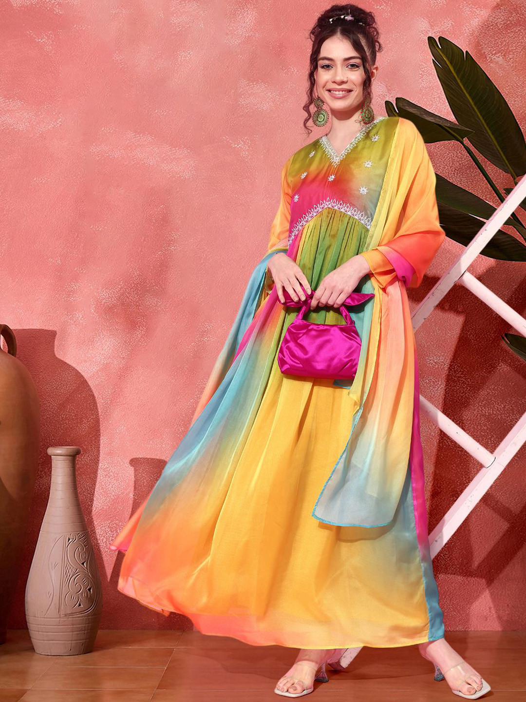 Sangria Tie & Dye Printed Cording Sequence A line Ethnic Dress With Dupatta