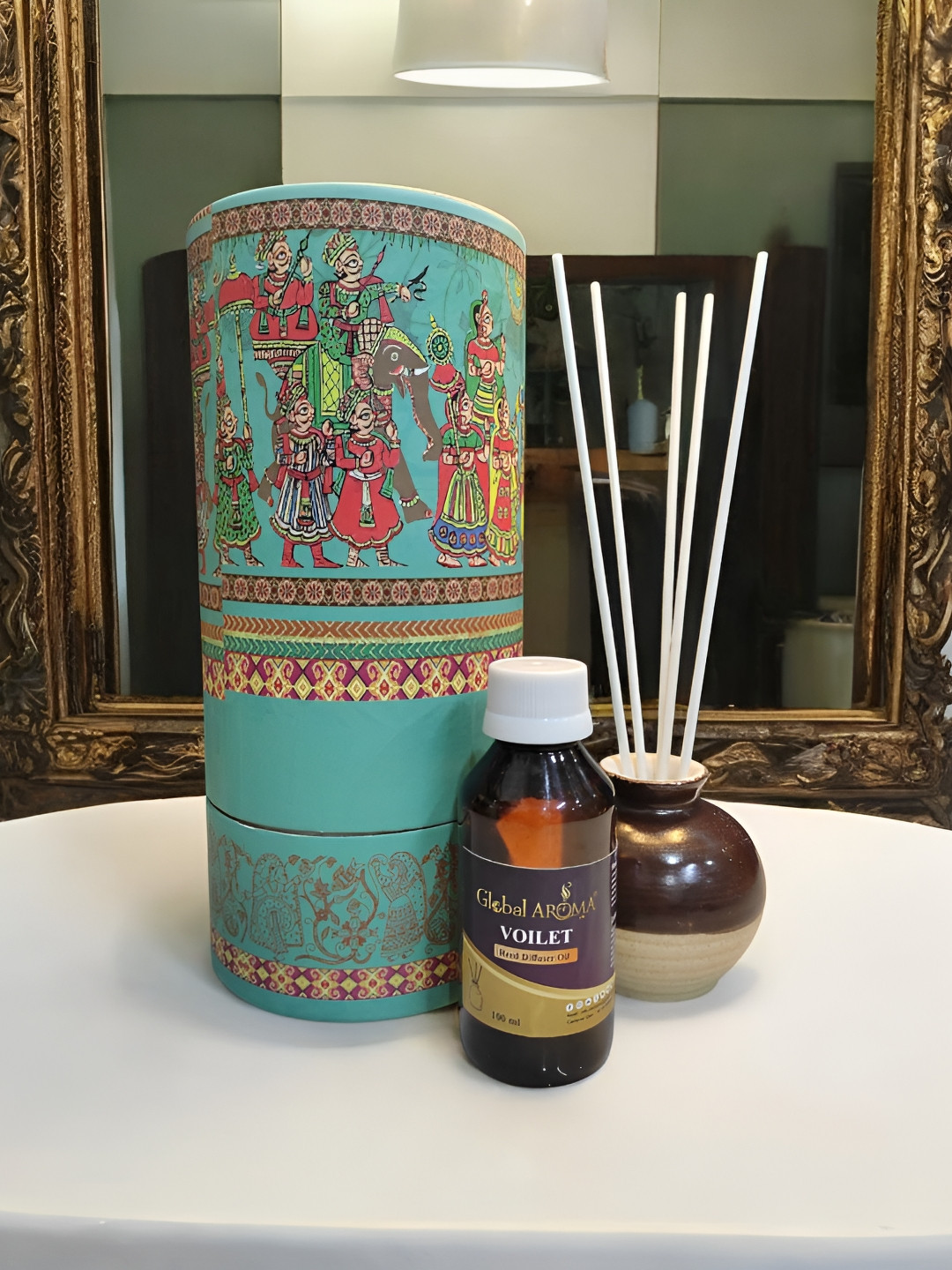 GLOBAL AROMA 7Pc White & Green Printed Aroma Oil Diffuser With Aroma Oil & Sticks - 100ml