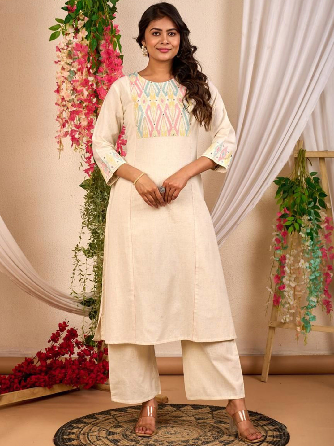 AUTUMN LANE Rajhans Vanilla Geometric Yoke Design Pure Cotton Kurta With Palazzo