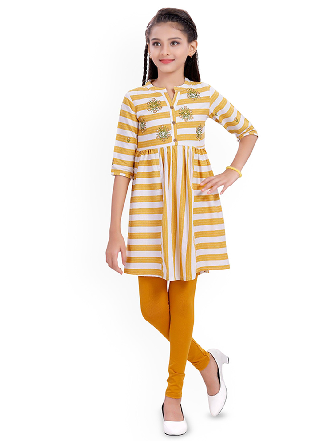 MASTARANG Girls Striped Print Embroidered A-Line Kurti with Legging