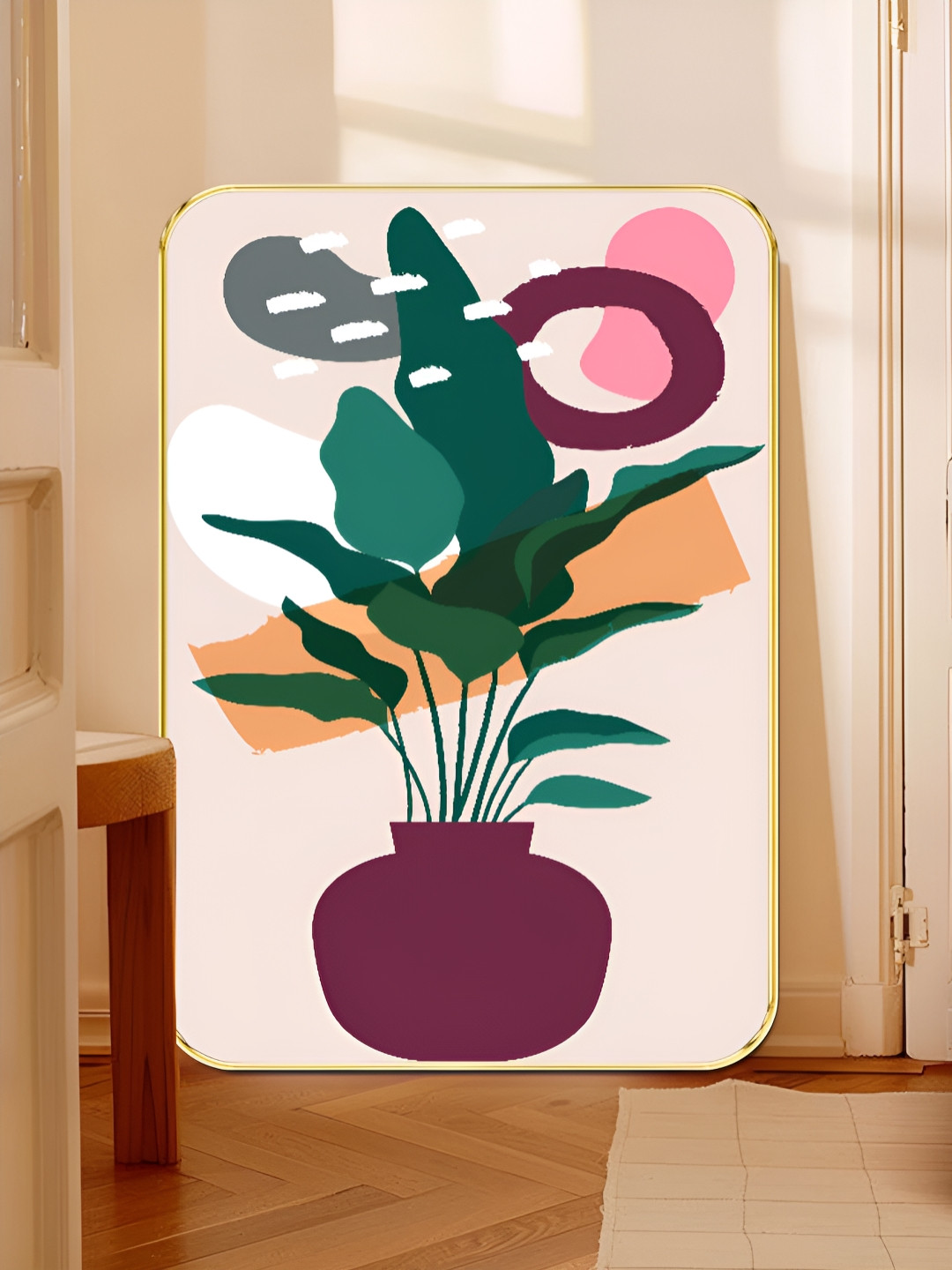 Livin'luxe Cream & Green Abstract Plant Pot Printed Wooden Wall Art