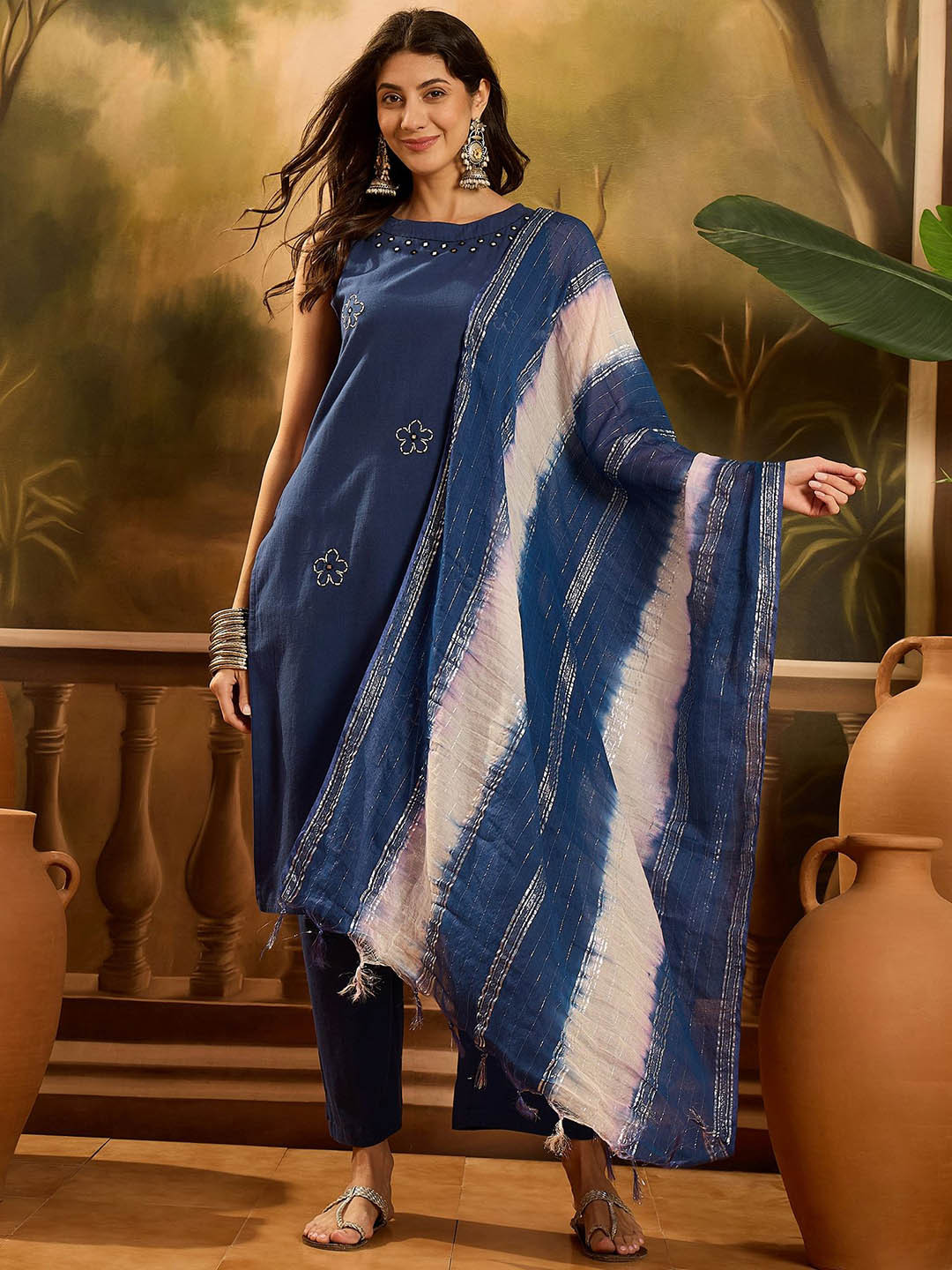 Sangria Women Embroidered Pure Cotton Straight Kurta & Trousers With Dupatta