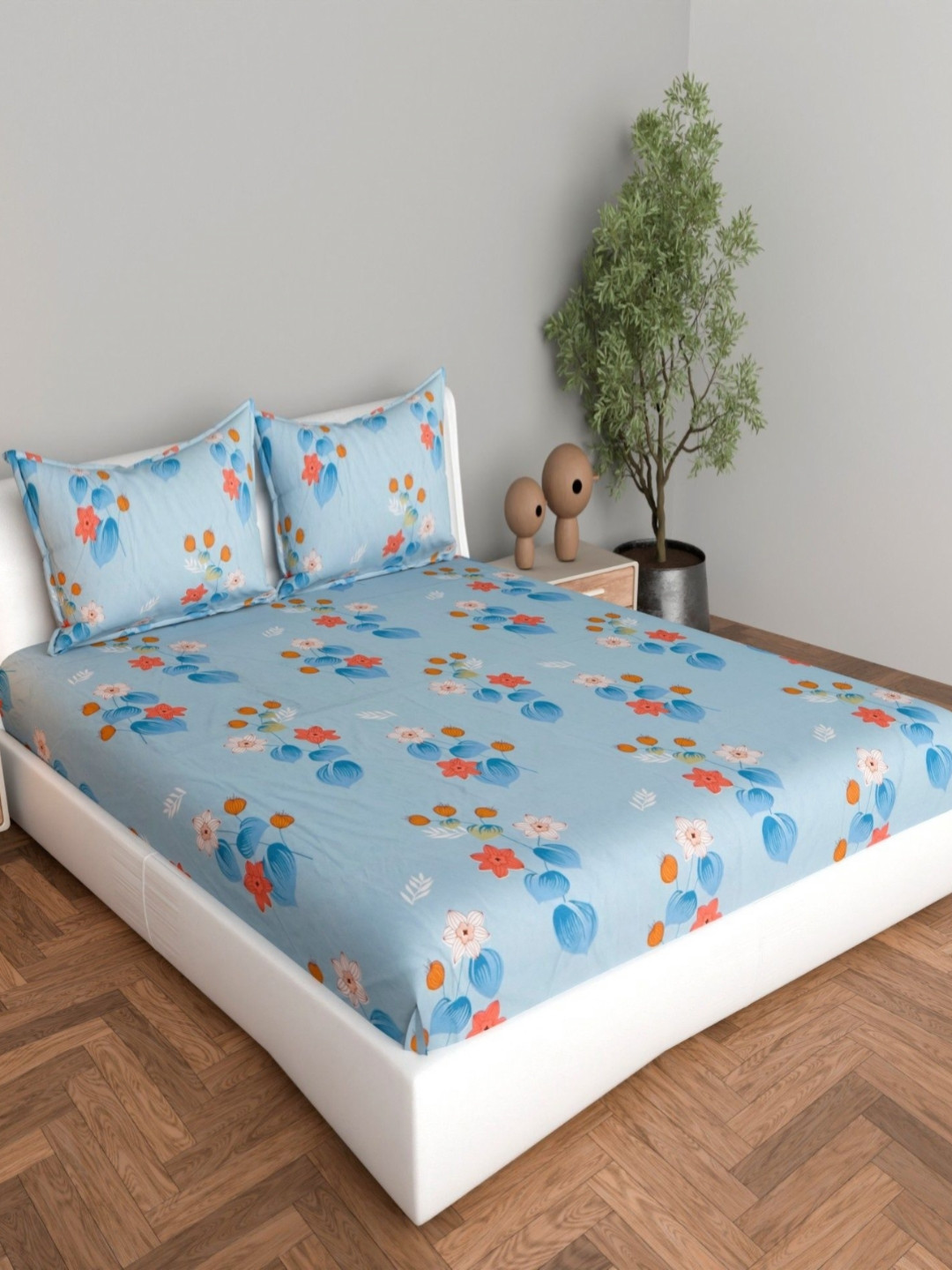 BEDROSE Blue Floral Polycotton 144 TC Fitted King Bedsheet with 2 Pillow Covers-190 x 182 cm
