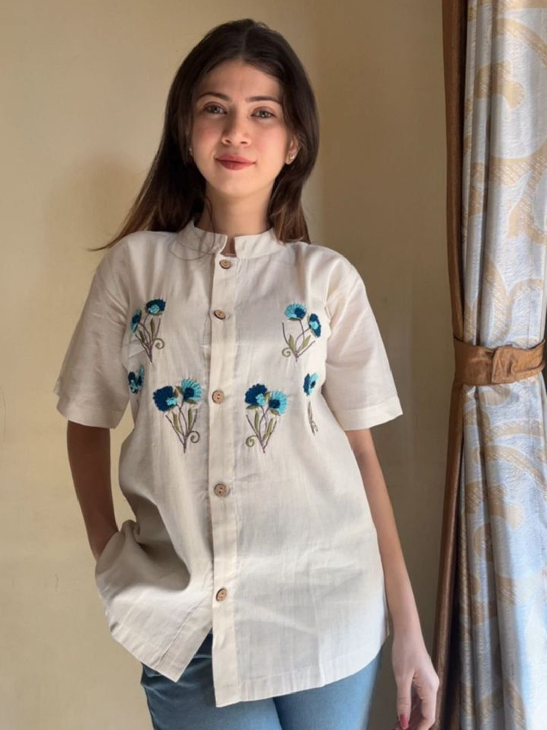 CORSICA Women Mandarin Collar Emrodery Work Shirt Style Top