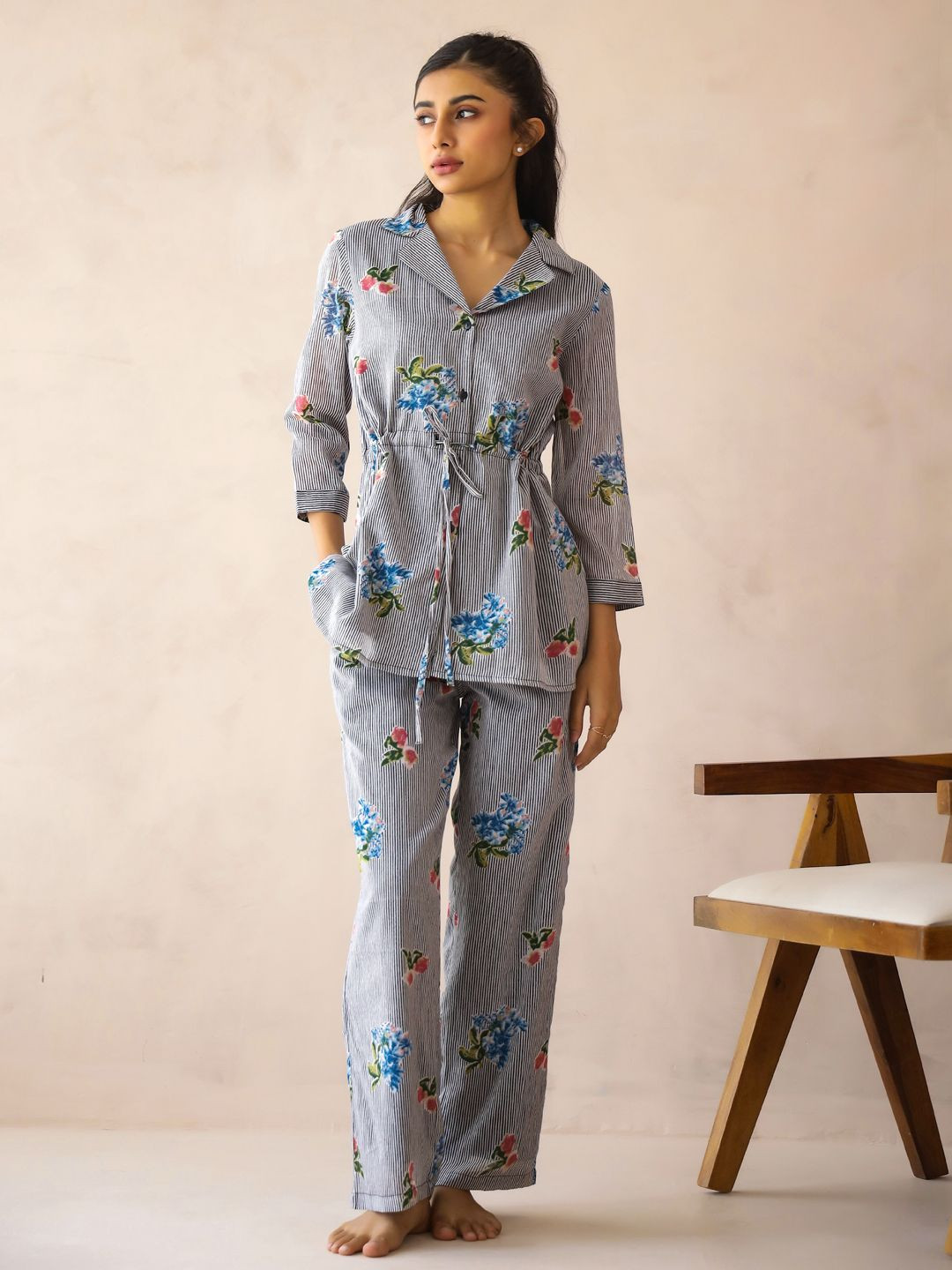 SANSKRUTIHOMES Lapel Collar Pure Cotton Striped Night Suit for Women