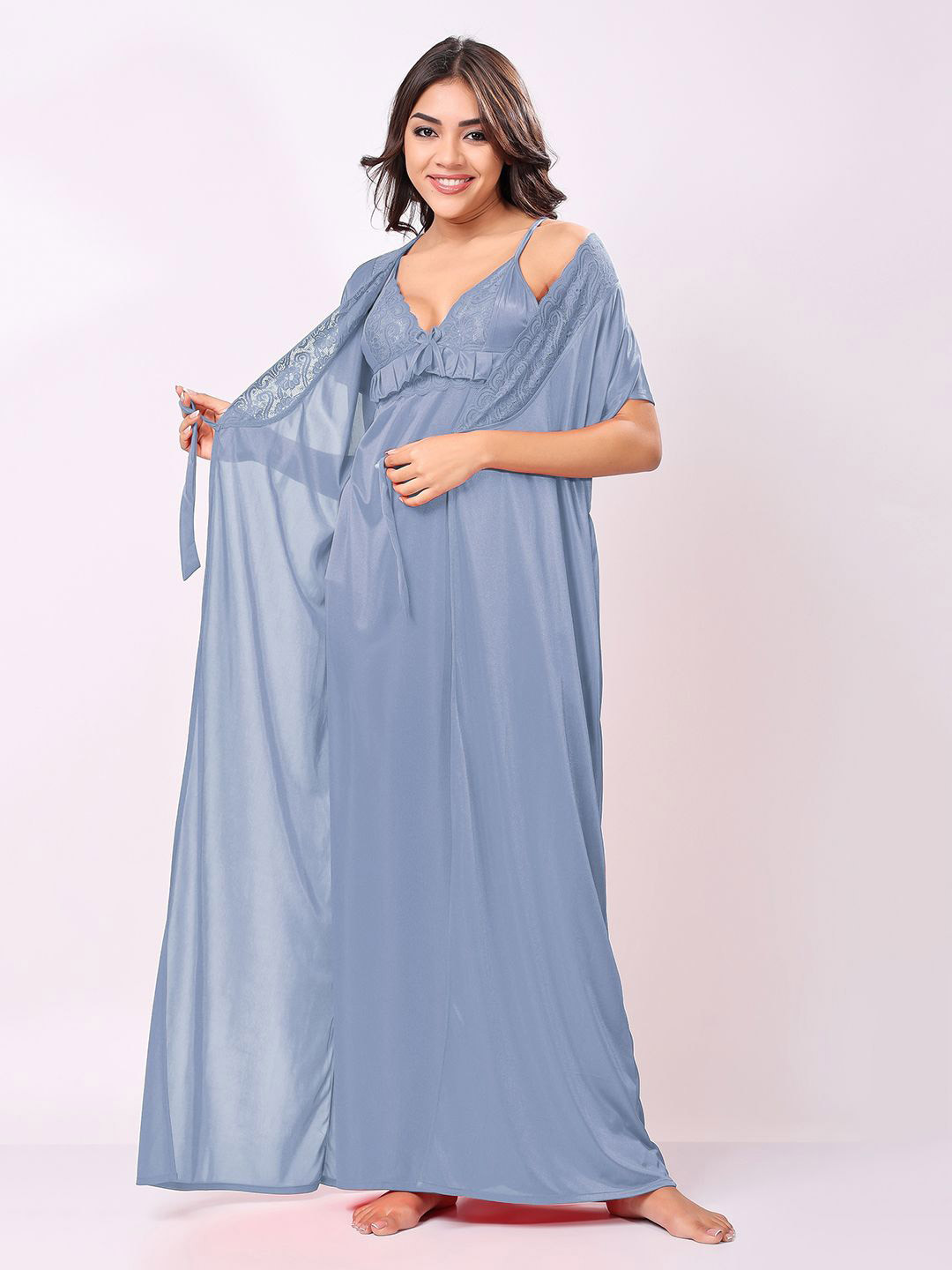 Night Keys Women Satin Night Dress with Robe