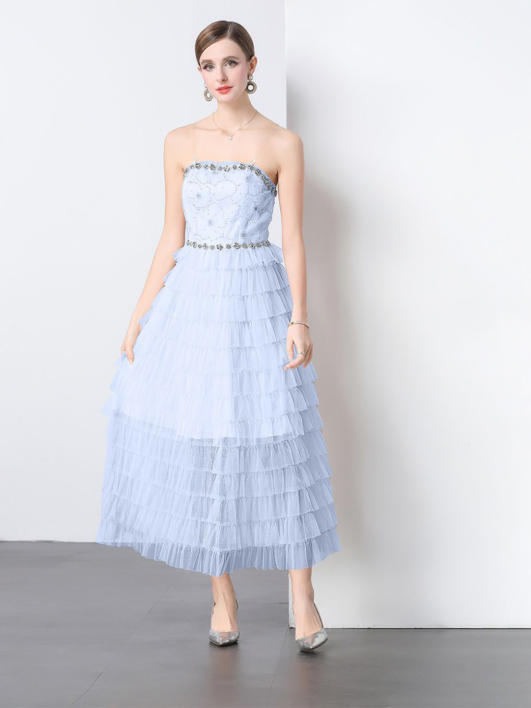 JC Collection Striped Strapless Fit & Flare Ruffles Midi Dress