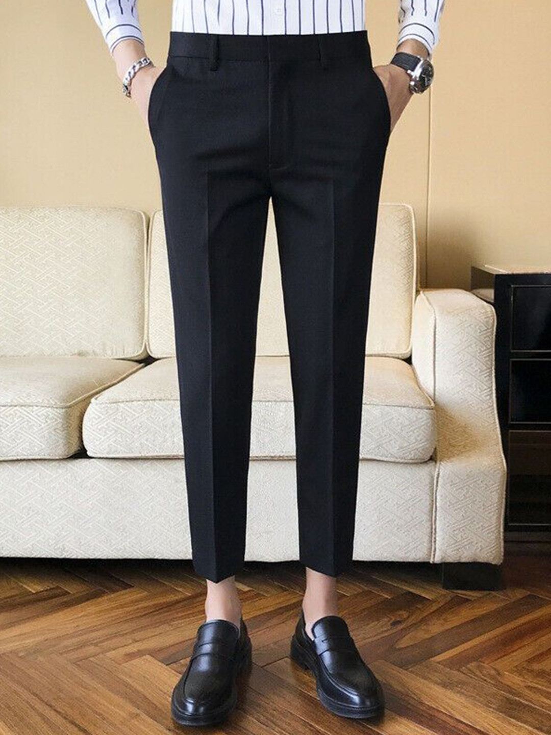 PESADO Men Smart Slim Fit Solid Formal Cotton Trousers