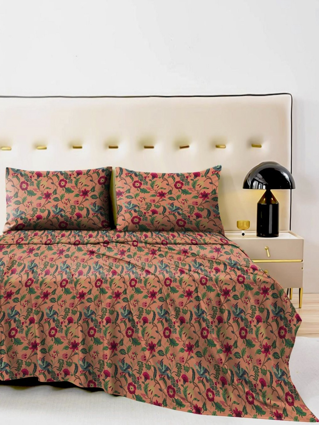 Aura Peach-Coloured & Pink Printed 230 TC Microfiber King Bedsheet Set 1.04 m x 90 cm