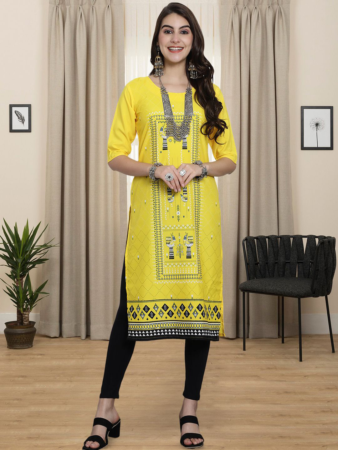 HERE&NOW Geomtric Printed Round Neck Straight Kurta