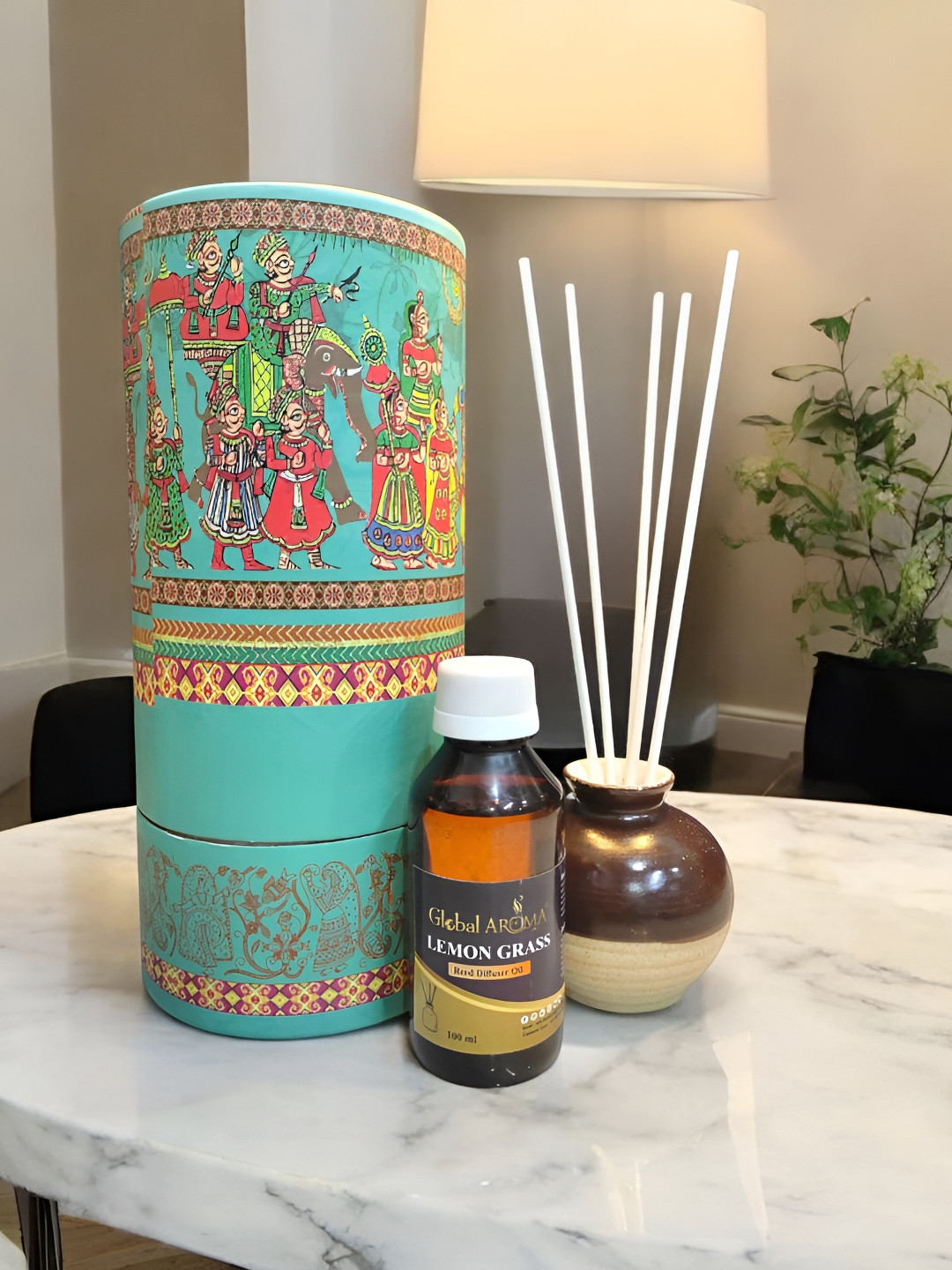 GLOBAL AROMA Brown & Blue Lemon Grass Reed Aroma Oil Diffuser Set - 100 ml