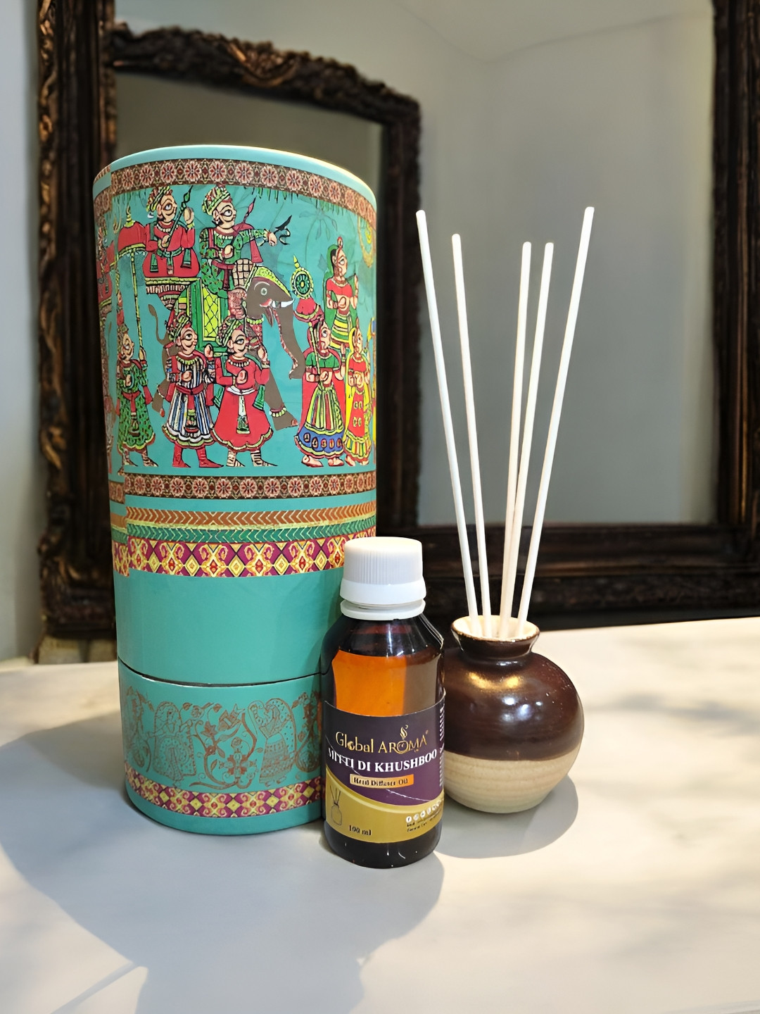 GLOBAL AROMA Brown & Blue Mitti Di Khushuboo Reed Aroma Oil Diffuser Set - 100 ml