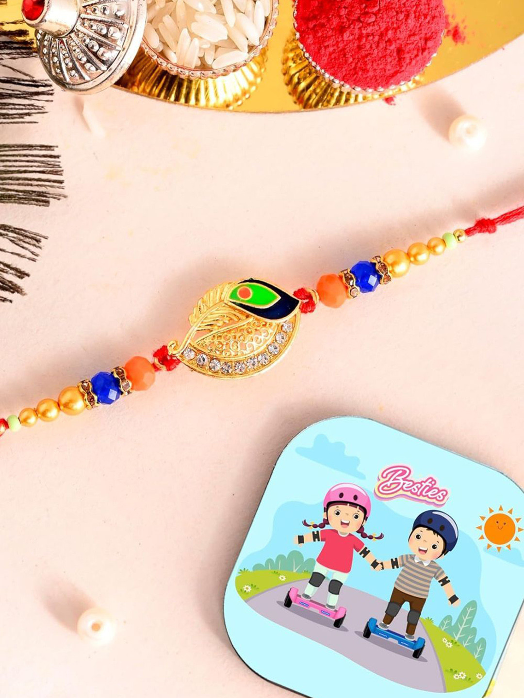CraftVatika Bhaiya & Bhabhi Peacock Feather Rakhi Gift Set with Fridge Magnet