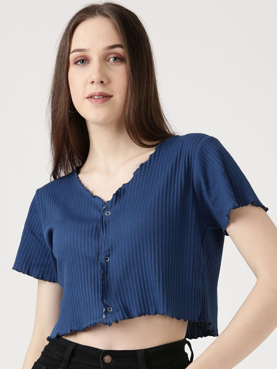 FILMODE Women Solid Vertical Stripes Cotton Boxy Crop Top