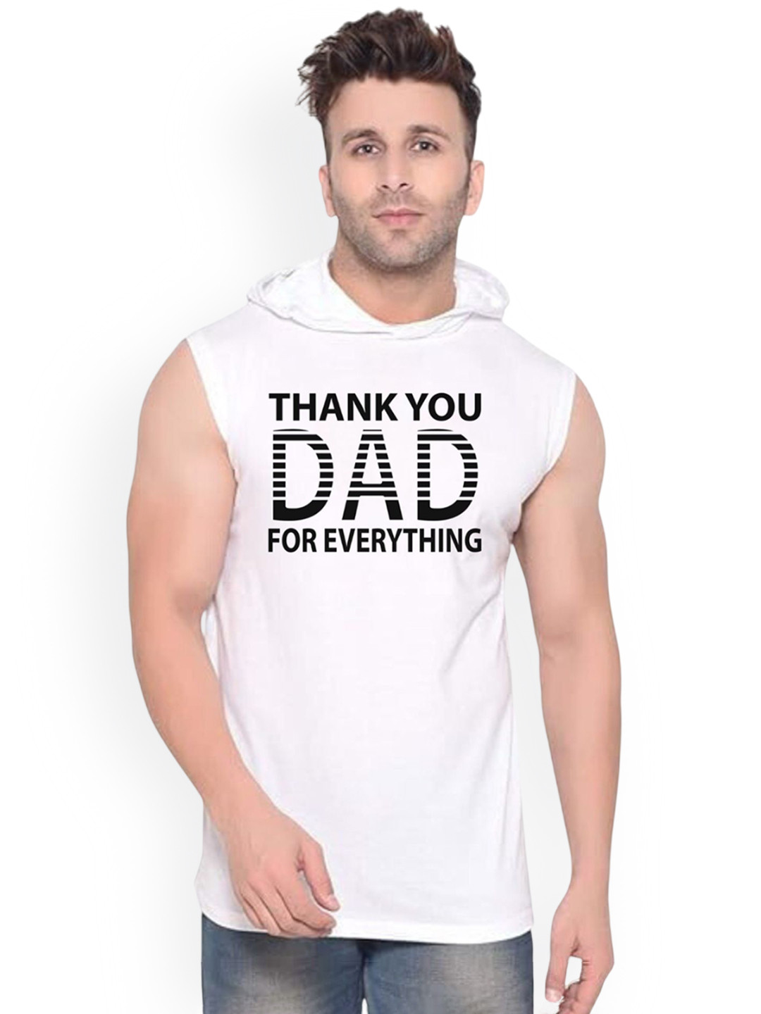 Fashnobic Thankyou Dad Printed Hooded Gym Vest -K_Back_Print-170_gym_vest White M