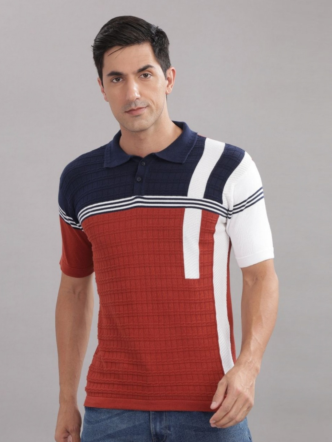 OUTLAWS Colourblocked Printed Self Design Polo Collar Pure Cotton Regular Fit T-shirt