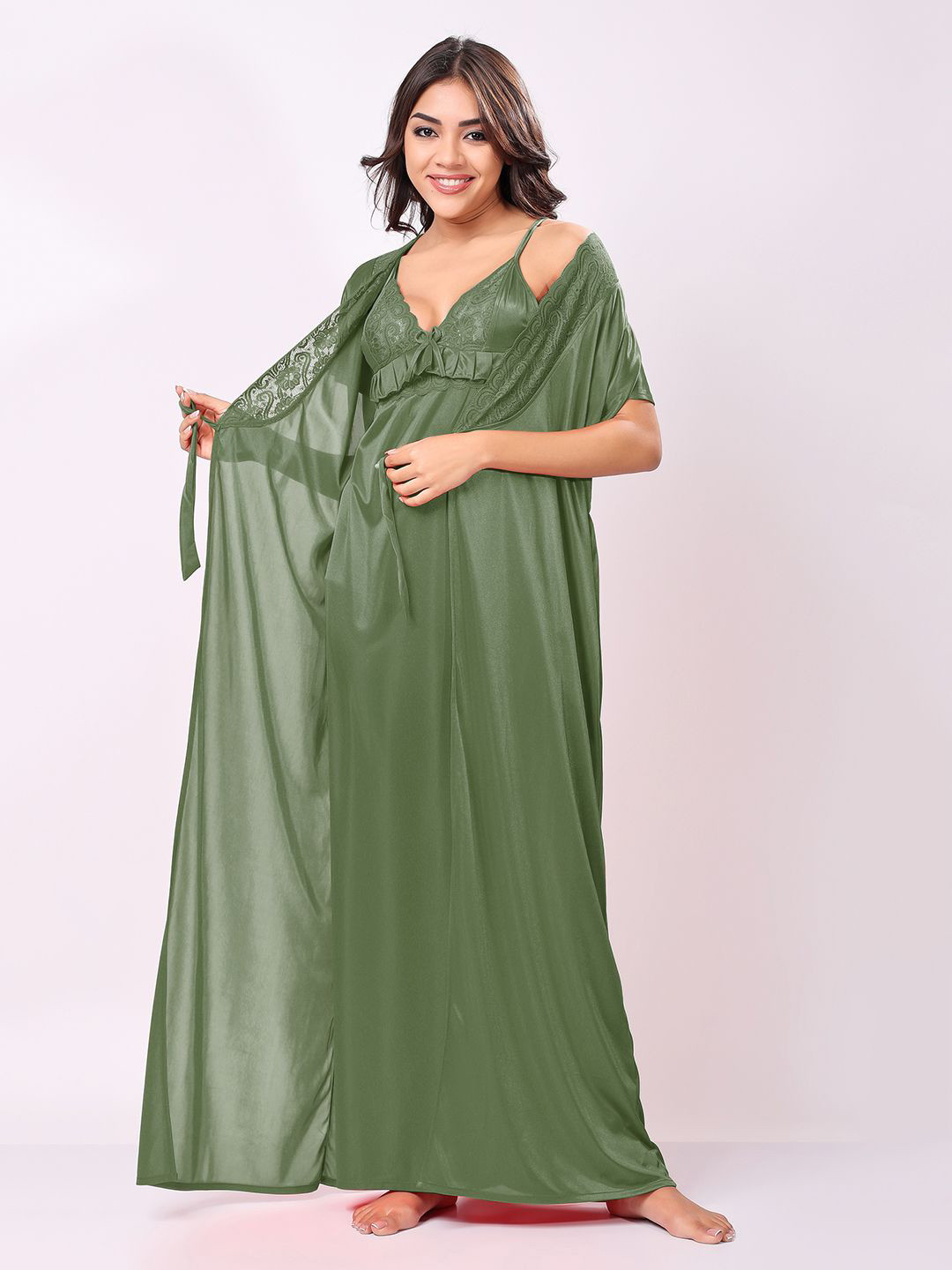 Night Keys Women V-Neck Night Dress With Robe