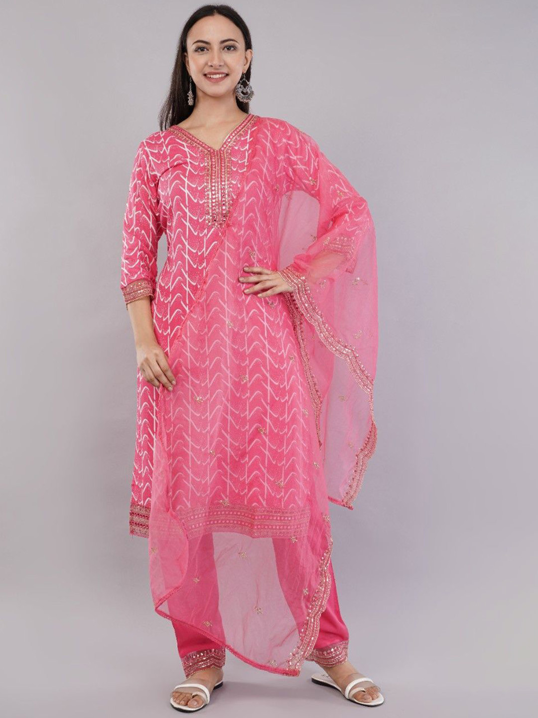 JIDI FASHION Printed Kurta & Dupatta With Trousers Set