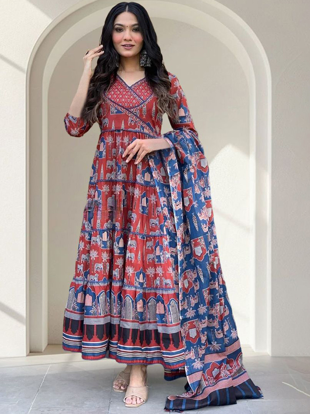 Rang by Indya Women Angrakha Anarkali Pure Cotton Kurta with Trousers & With Dupatta