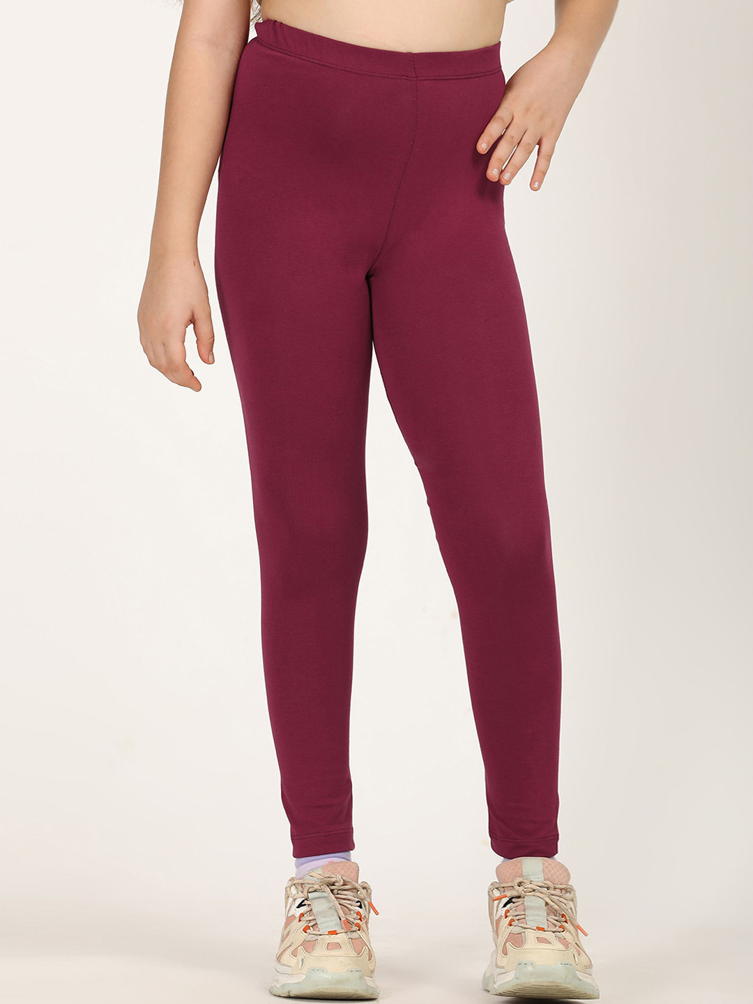 ZION Premium Cotton 4-Way Stretch Knitted Ankle-Length Solid Leggings - Maroon