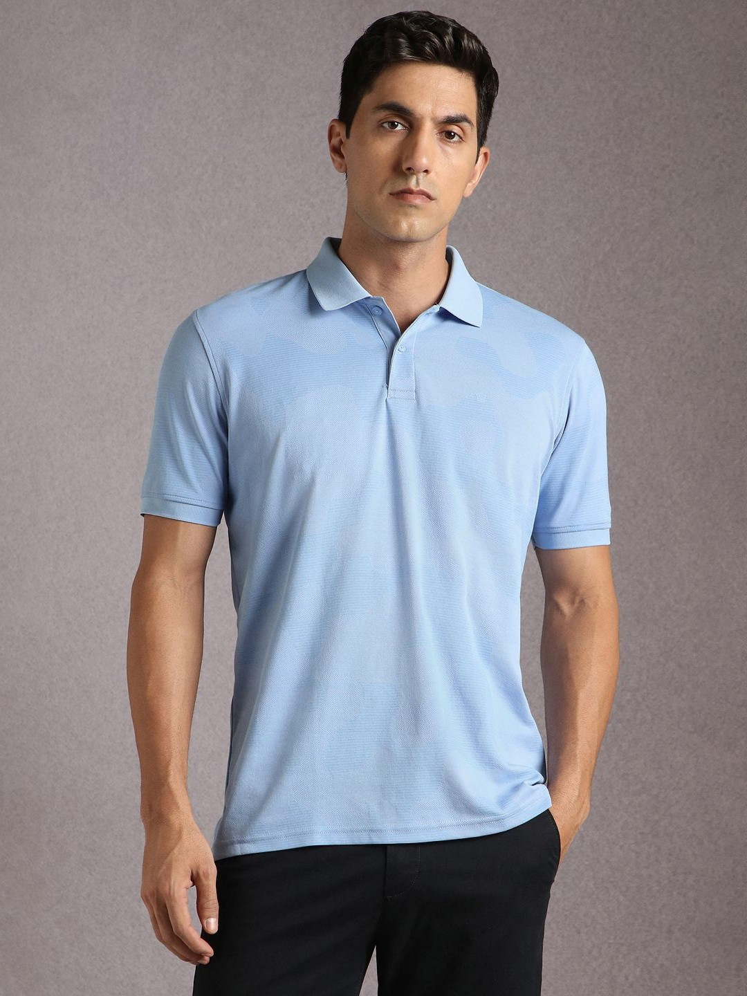 Louis Philippe Cotton-Blend Self Design Printed Polo Collar Regular Fit T-Shirt