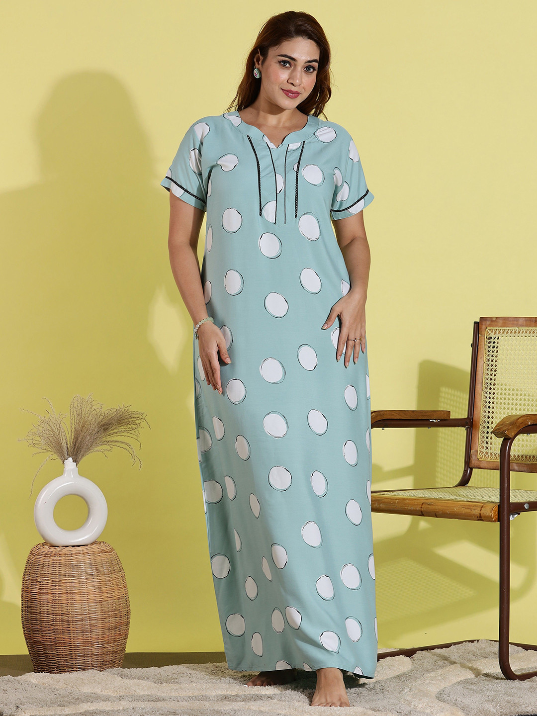 9shines Label Polka Dot Rayon Nightdress with Pocket and Lace Trim