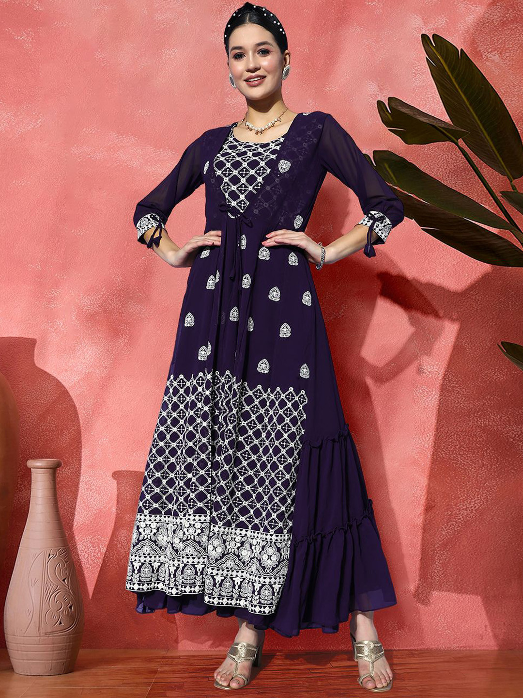 Sangria Checks Sequence Embroidered A-Line Ethnic Dress