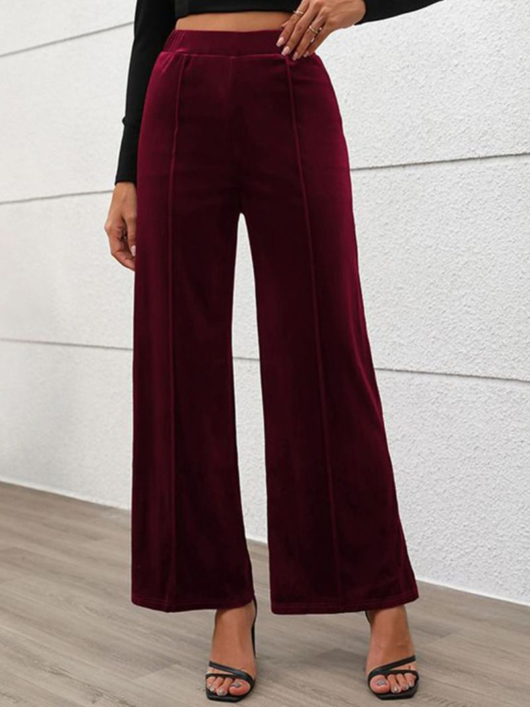 StyleCast Solid High-Rise Knitted Flat-Front Solid Wide Leg Trousers