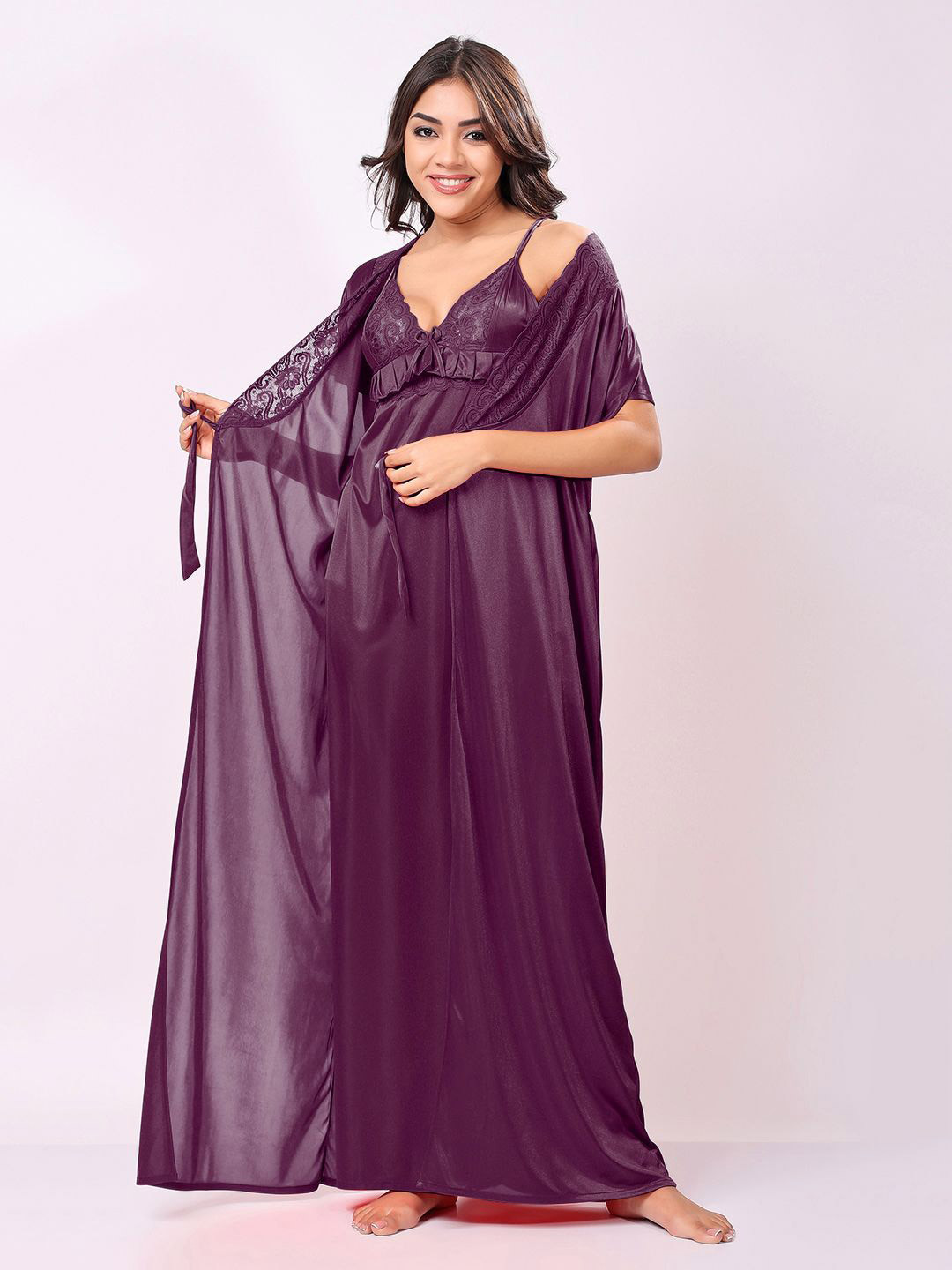 Night Keys Women Wine Soild Satin Night Dress with Robe
