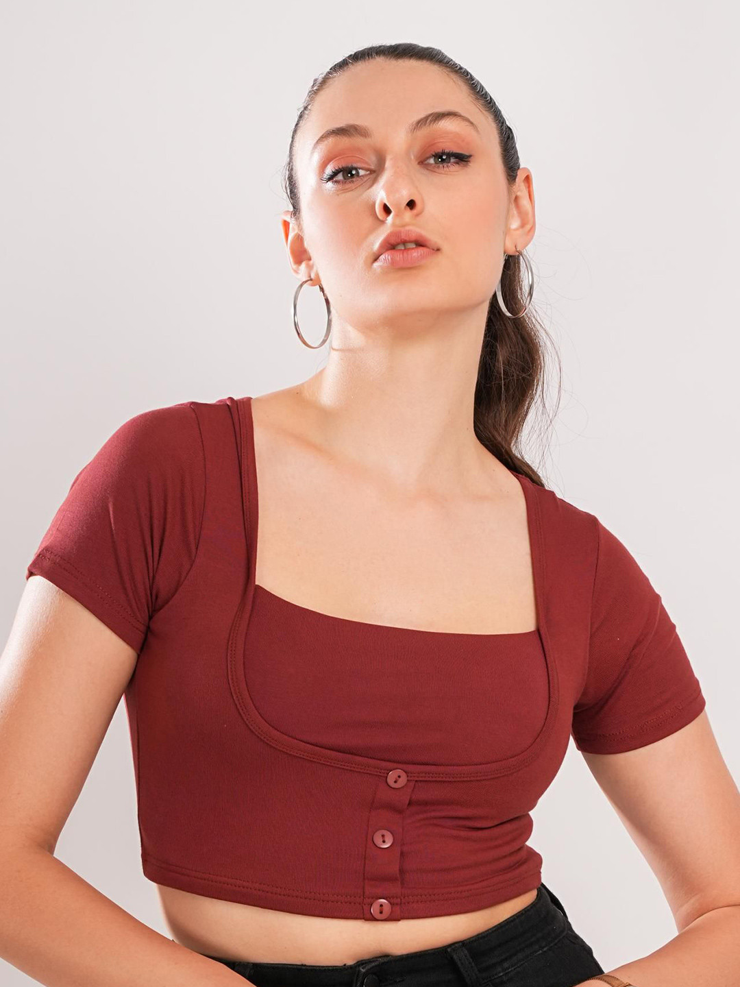 clobug Women Solid Square Neck Linen Crop Fitted Top