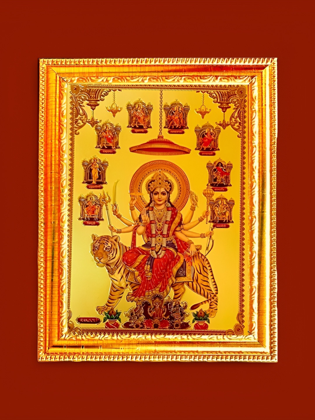 SUNINOW Gold Toned & Red Goddess Durga Ma Printed Photo Frame