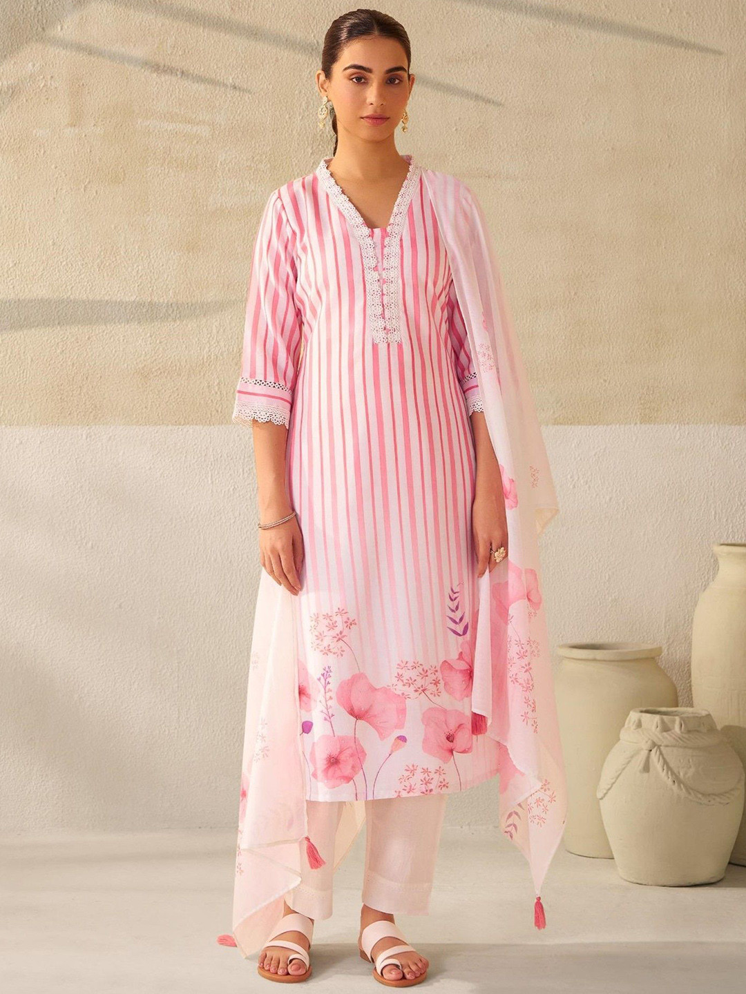 AUTUMN LANE Nadira Striped Linen Cotton Kurta With Trousers & Dupatta