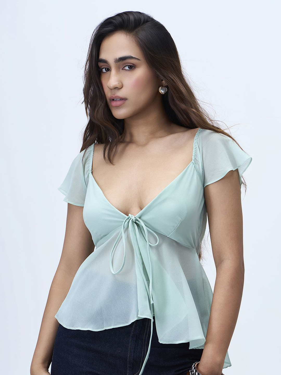 COLOR CAPITAL Women V-Neck Tie-Ups Flutter Sleeve Empire Top