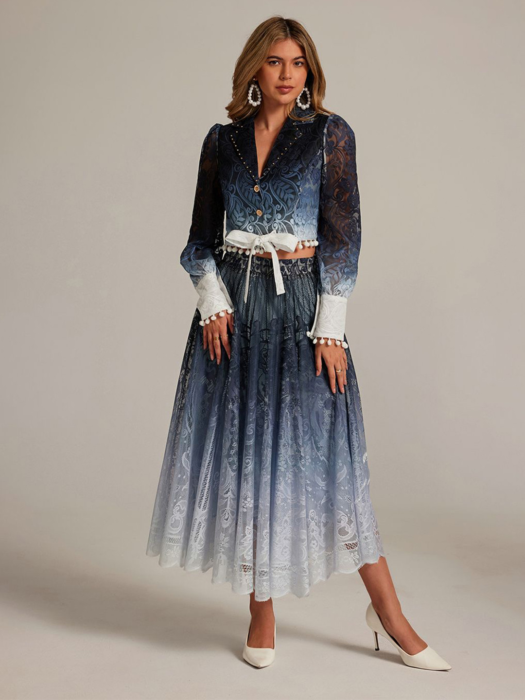JC Collection Floral Lace Self Design Lapel Collar Top With Skirt Co-Ords