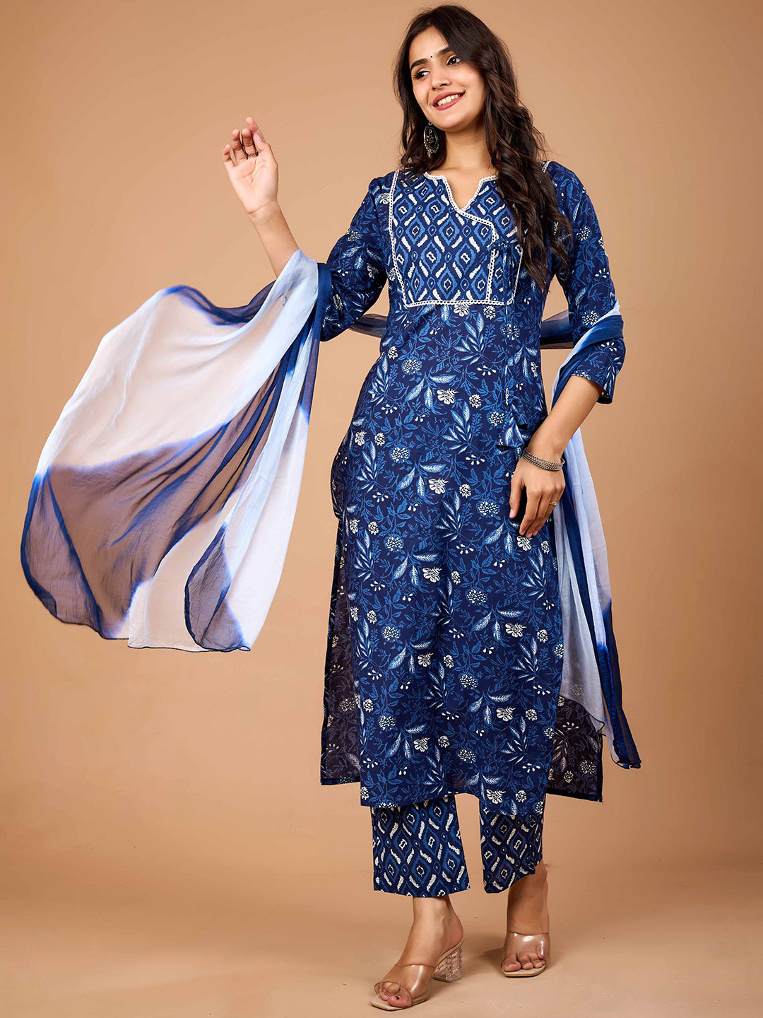 NAMA'S Floral Printed V-Neck Pure Cotton Straight Kurta With Trousers And Dupatta