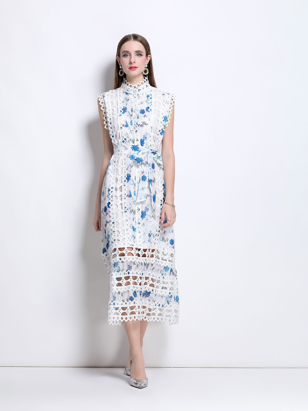 JC Collection Women Floral Print Lace Tiered Belted A-Line Midi Dress