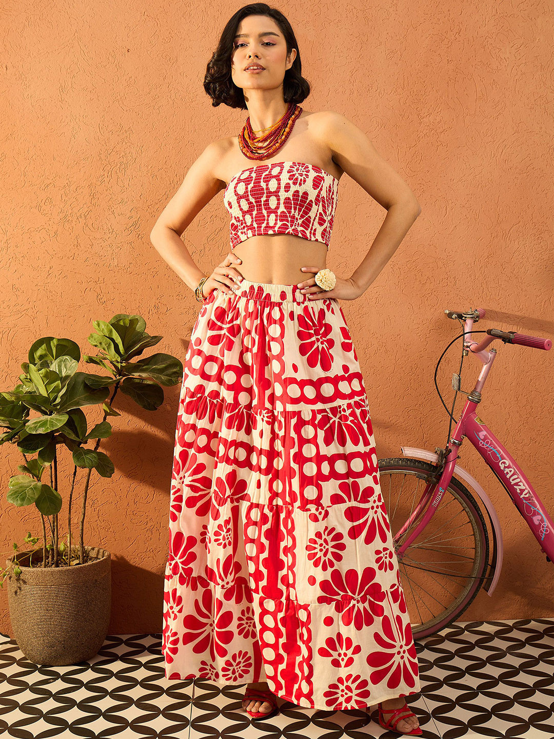 Pink Paprika by SASSAFRAS Printed Pure Cotton Off Shoulder Crop Top & Skirt Co-Ords