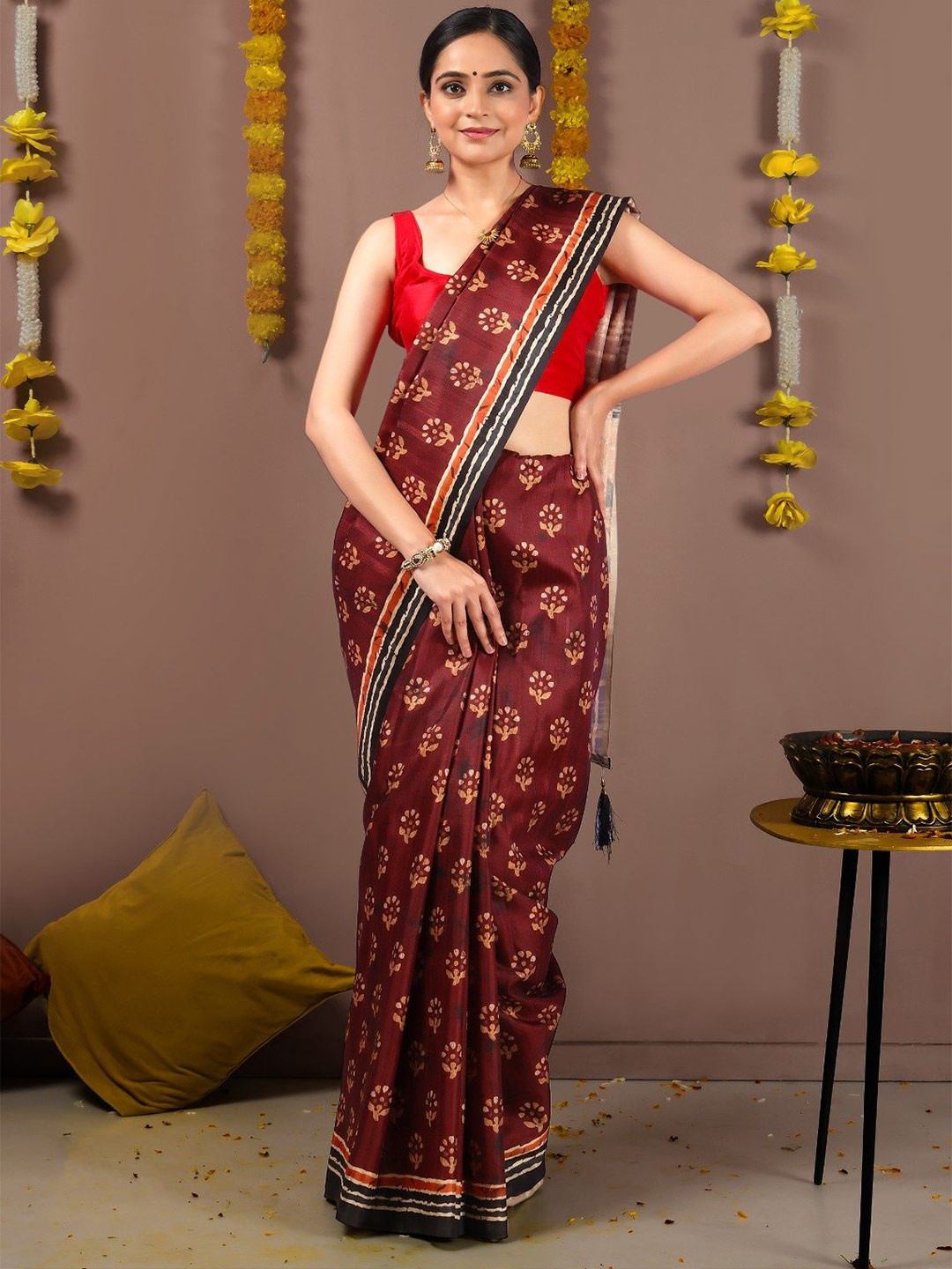 Seona Couture Floral Printed Patola Saree With Unstitched Blouse Piece